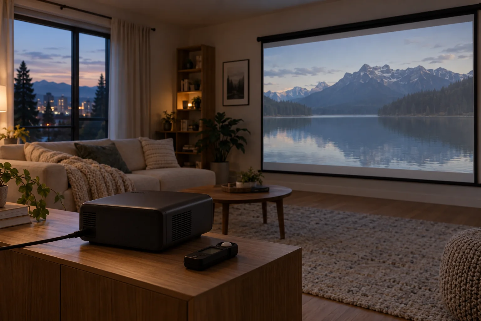 Illustrated living-room projection setup at dusk with a light meter on the console