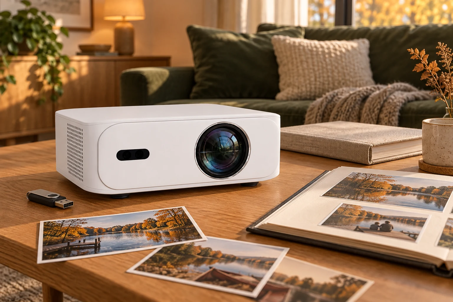 White BOSS A5 projector beside a USB pendrive, family photo album and autumn holiday photographs