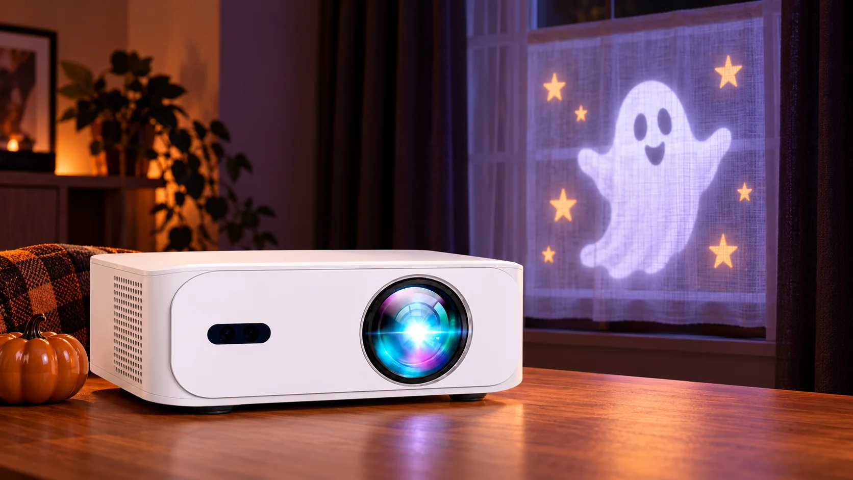 AI illustration of a white projector and a friendly ghost scene on window fabric.