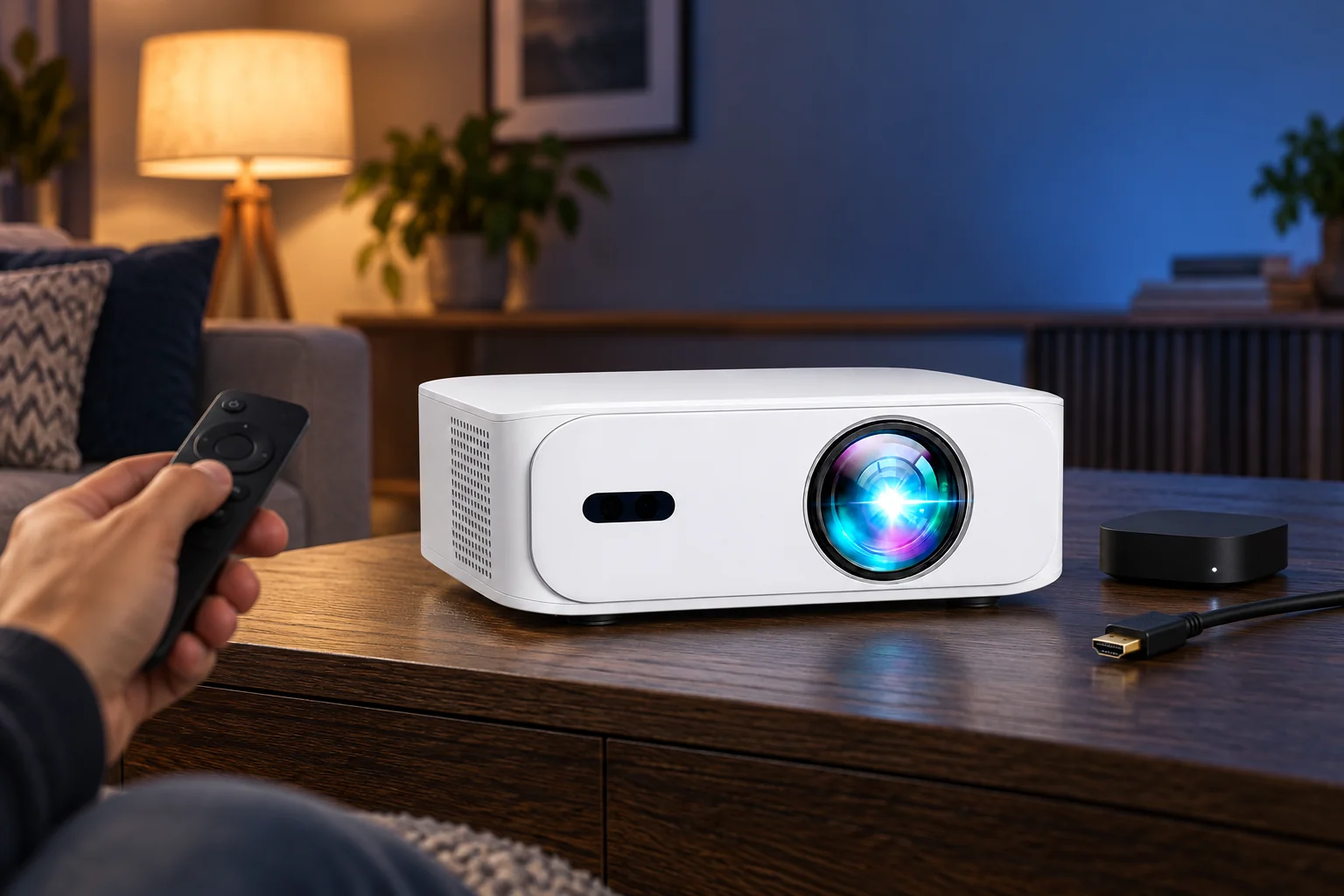 BOSS Projector A5 beside an HDMI player while a viewer holds a remote