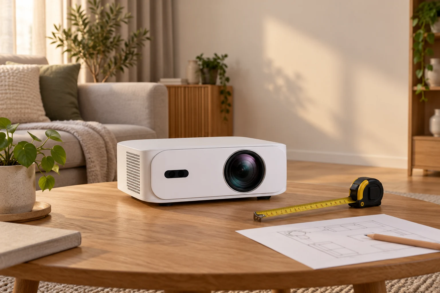 White BOSS A5 projector beside a tape measure and room sketch on an oak table