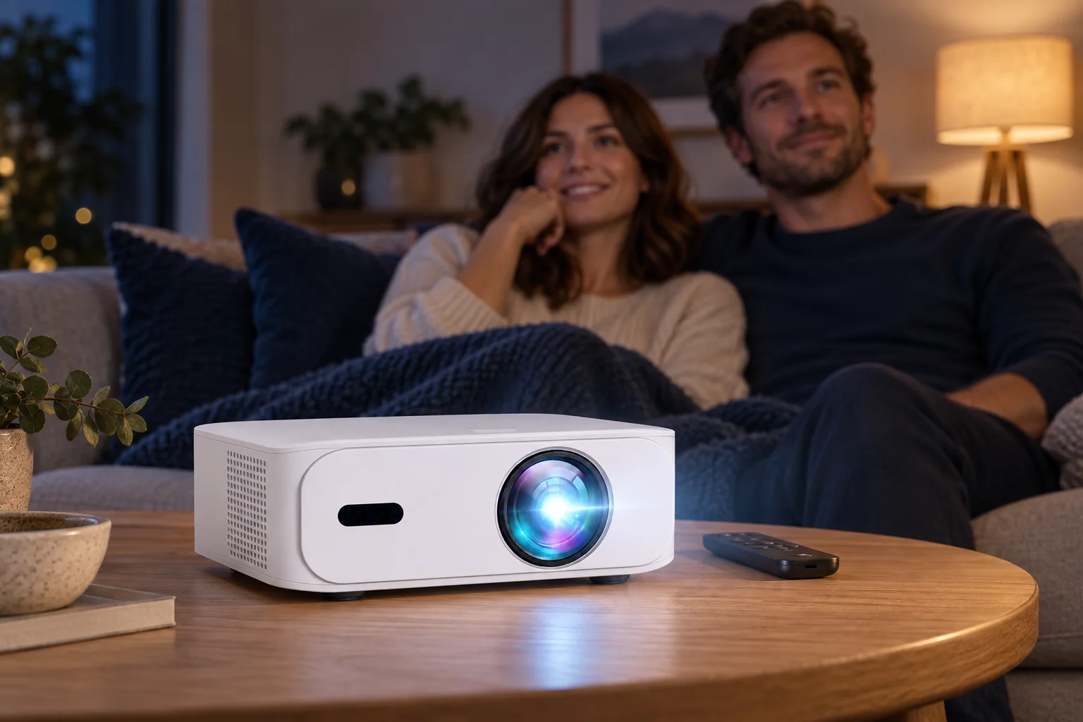 BOSS Projector A5 on a table with two viewers seated behind it