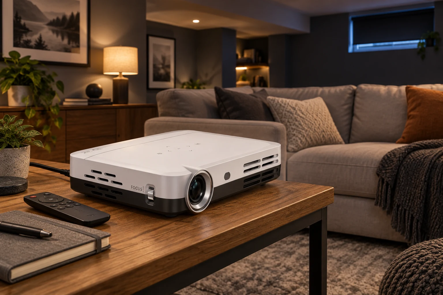 BOSS S7 projector on an oak table in a basement with a low ceiling and shaded window