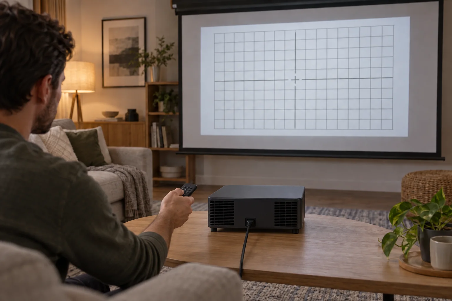 Illustrated viewer using a remote to check a projector focus grid on a flat screen