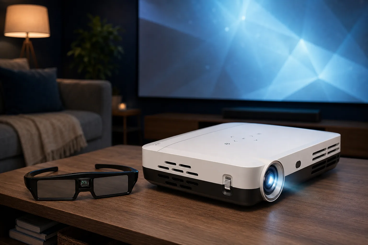BOSS S7 projector with active-shutter 3D glasses on a living-room media console