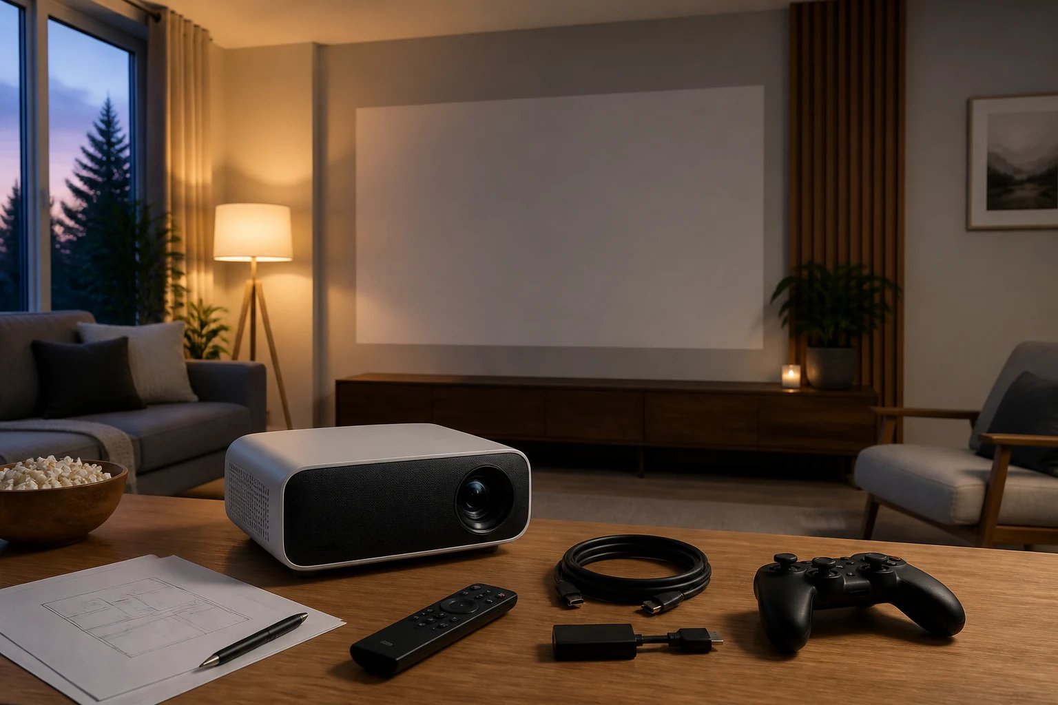 Projector buying guide with room-planning notes, cables and remote